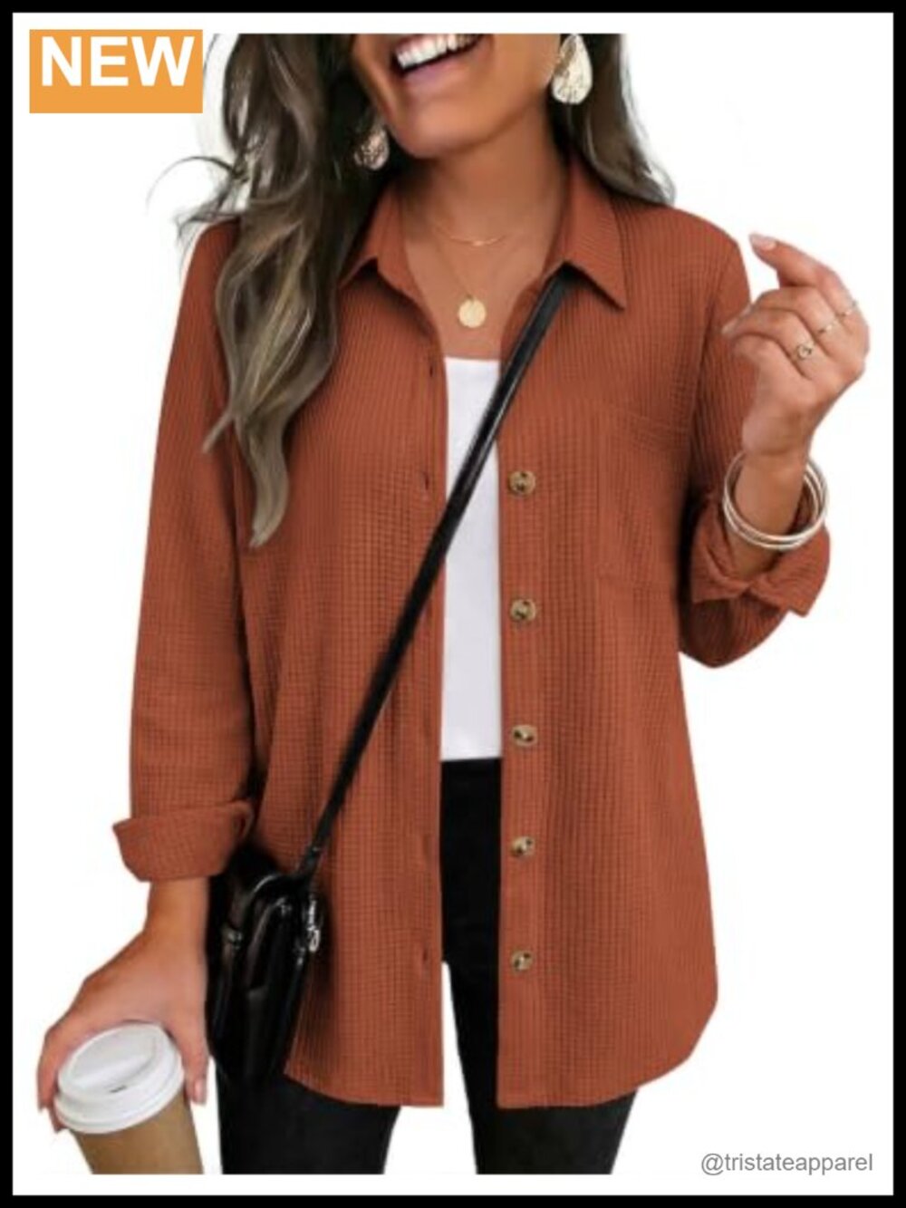 Waffle Knit Button Down Shacket Long Sleeve Lightweight Casual Zip Up Top with